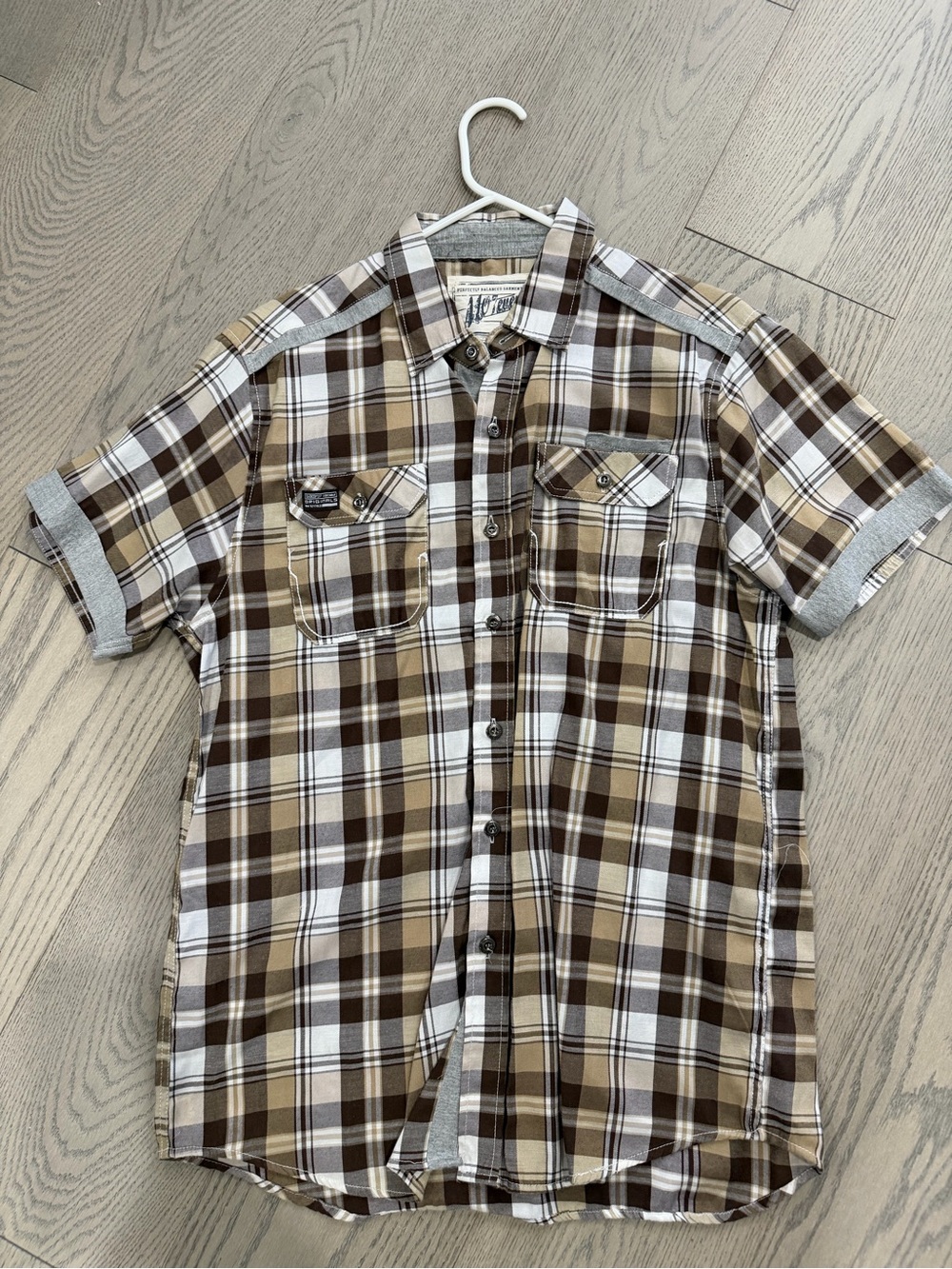 Mens Short Sleeve Plaid Button-Up Shirt in Brown and Cream